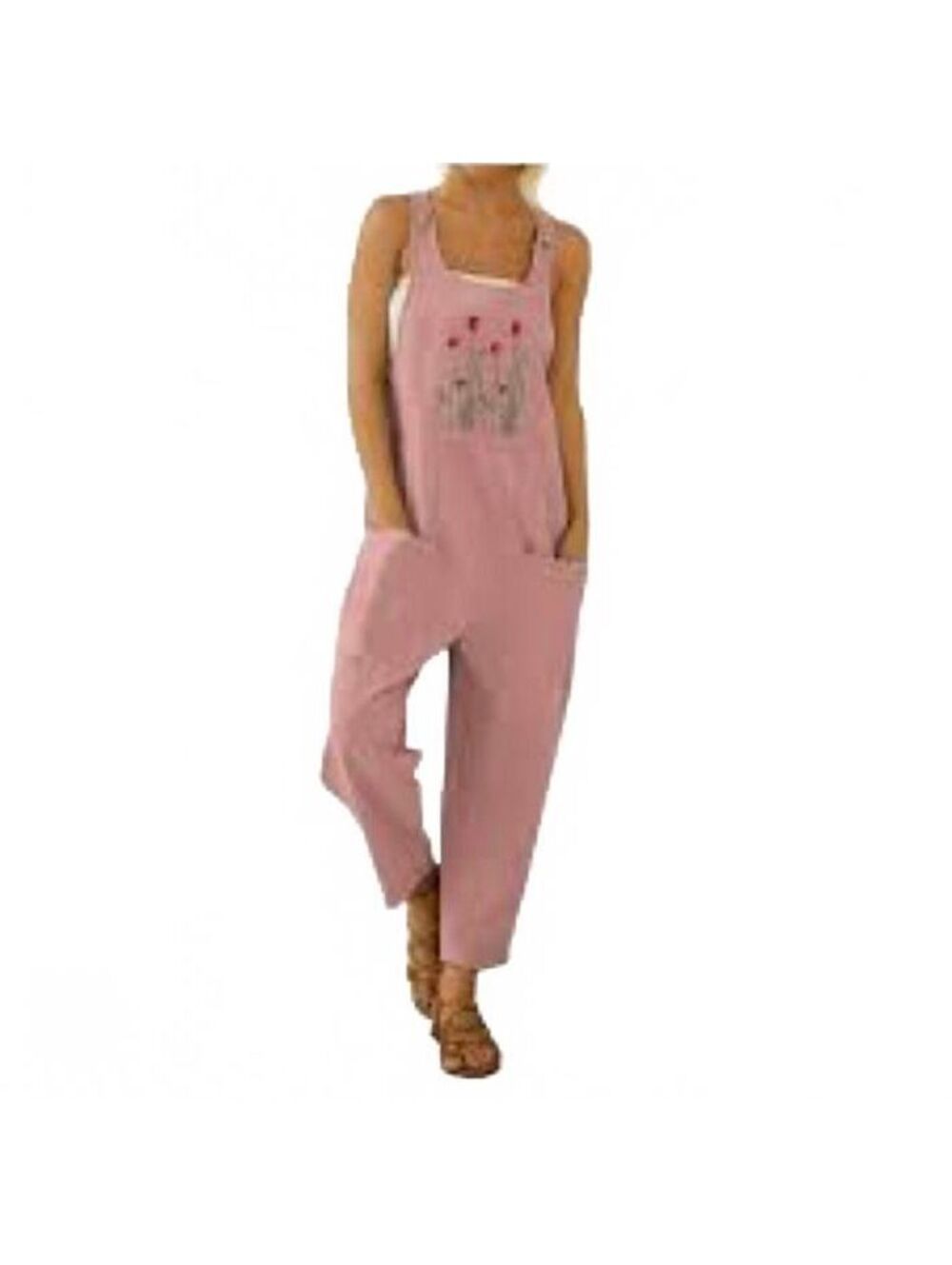 Pink Sleeveless 100% Cotton Bib Overalls Jumpsuit with Embroidery Size Medium
